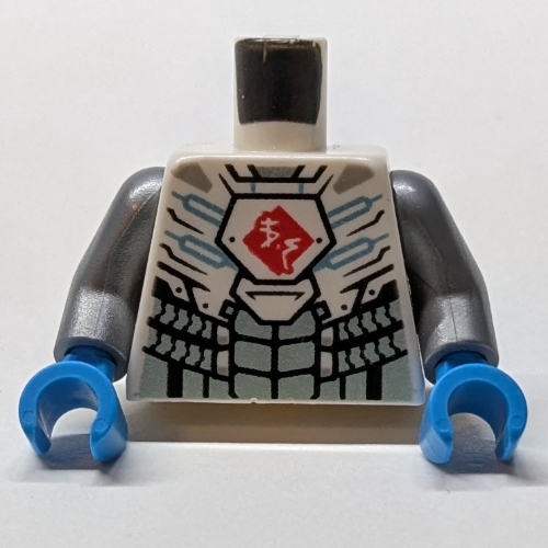 Torse Armure, Circuit bleu moyen, motif imprimé symbole rouge asiatique, bras argent mat, mains azur foncé (Torso Armour, Medium Blue Circuitry, Red Asian Symbol Print, Flat Silver Arms, Dark Azure Hands)