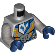 Visuel indicatif Rebrickable de Torse, armure, bouclier bleu et blanc avec faucon, motif imprimé foudre jaune et orange, bras argent mat, mains bleu foncé (Torso, Armor, Blue and White Shield with Falcon, Yellow and Orange Lightning Print, Flat Silver Arms, Dark Blue Hands)