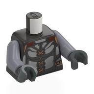 Torse, panneaux d'armure argentés, lacets de nougat, sangles motif imprimé, bras argent mat, mains gris bleuté foncé (Torso, Silver Armor Panels, Nougat Laces, Straps Print, Flat Silver Arms, Dark Bluish Gray Hands)