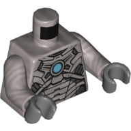 Visuel indicatif Rebrickable de Armure torse panneaux noirs et argentés avec motif imprimé cercle bleu moyen, bras argent mat, mains gris bleuté foncé (Torso Armor Black and Silver Panels with Medium Blue Circle Print, Flat Silver Arms, Dark Bluish Gray Hands)