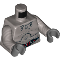 Visuel indicatif Rebrickable de Droïde de torse avec des plaques avec des cercles concentriques, motif imprimé blanc, rouge et bleu, bras argent mat, mains gris bleuté foncé (Torso Droid with Plates with Concentric Circles, White, Red, and Blue Wires Print, Flat Silver Arms, Dark Bluish Gray Hands)