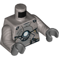Armure de torse, tatty avec cercle bleu clair et blanc (réacteur à arc) imprimé (Iron Man), bras argent mat, mains gris bleuté foncé (Torso Armour, Tatty with Light Blue and White Circle (Arc Reactor) Print (Iron Man), Flat Silver Arms, Dark Bluish Gray Hands)