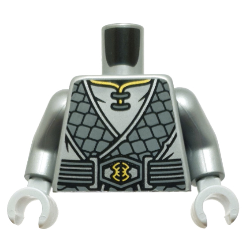 Torse, robe, écailles gris bleuté foncé, boucle dorée, symbole au dos motif imprimé, bras argent mat, mains gris bleuté clair (Torso, Robe, Dark Bluish Grey Scales, Gold Buckle, Symbol on Back Print, Flat Silver Arms, Light Bluish Gray Hands)