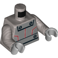 Visuel indicatif Rebrickable de Torse Plaques métalliques avec Rivets et lignes rouges motif imprimé, bras argent mat, mains gris bleuté clair (Torso Metal Plates with Rivets and Red Lines Print, Flat Silver Arms, Light Bluish Gray Hands)