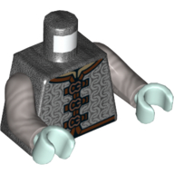 Visuel indicatif Rebrickable de Torse, cotte de mailles argentée avec ourlet brun foncé et fermoirs en cuivre motif imprimé, bras argent mat, mains vert d’eau clair (Torso, Silver Chain Mail with Dark Brown Hem and Copper Clasps Print, Flat Silver Arms, Light Aqua Hands)