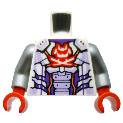 Visuel indicatif Rebrickable de Torse, samouraï rouge, épées, motif : armure pourpre foncé et lavande, bras argent mat, mains rouges (Torso, Red Samurai, Swords, Dark Purple/Lavender Armor Print, Flat Silver Arms, Red Hands)