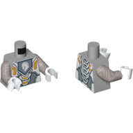 Visuel indicatif Rebrickable de Armure de torse avec circuit orange et or et emblème bleu sable avec motif imprimé tête de cheval gris, bras argent mat, mains blanches (Torso Armor with Orange and Gold Circuitry and Sand Blue Emblem with Gray Horse Head Print, Flat Silver Arms, White Hands)