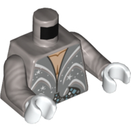 Visuel indicatif Rebrickable de Chemise torse, mi-ouverte avec motif imprimé décoration paillettes blanches, bras argent mat, mains blanches (Torso Shirt, Half Open with White Glitter Decoration Print, Flat Silver Arms, White Hands)