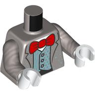Visuel indicatif Rebrickable de Veste de torse, veste bleu argenté, chemise blanche, motif : nœud papillon rouge, bras argent mat, mains blanches (Torso Jacket, Silver Blue Jacket, White Shirt, Red Bow Tie Print, Flat Silver Arms, White Hands)