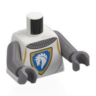 Visuel indicatif Rebrickable de Torse, armure de chevalier, cotte de mailles, bouclier avec cheval blanc sur champ bleu, motif imprimé bordure d'or, bras et mains argent mat (Torso, Knight Armor, Chain Mail, Shield with White Horse on Blue Field, Gold Border Print, Flat Silver Arms and Hands)