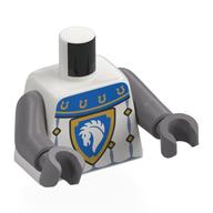 Torse, armure de chevalier, collier bleu, bouclier avec cheval blanc sur champ bleu, bordure dorée, motif imprimé diamants, bras et mains argent mat (Torso, Knight Armor, Blue Collar, Shield with White Horse on Blue Field, Gold Border, Diamonds Print, Flat Silver Arms and Hands)