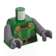 Visuel indicatif Rebrickable de Torse, ceinture marron foncé, boucle dorée, boucliers avec chaîne, motif imprimé bord vert clair lumineux, bras et mains argent mat (Torso, Dark Brown Belt, Gold Buckle, Shields with Chain, Bright Light Green Trim Print, Flat Silver Arms and Hands)