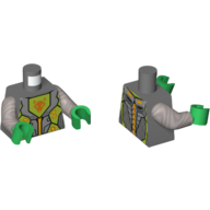 Torse, armure avec circuit orange et or et emblème de vert citron avec motif imprimé tête de loup orange (Aaron), bras argent mat, mains vertes (Torso, Armor with Orange and Gold Circuitry and Lime Emblem with Orange Wolf Head Print (Aaron), Flat Silver Arms, Green Hands)