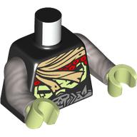Visuel indicatif Rebrickable de Torse, enveloppes de beige, armure rouge, cage thoracique vert jaunâtre, ceinture argentée avec motif imprimé crâne, bras argent mat, main verte jaunâtre (Torso, Tan Wrappings, Red Armor, Yellowish Green Ribcage, Silver Belt with Skull Print, Flat Silver Arms, Yellowish Green Hand)