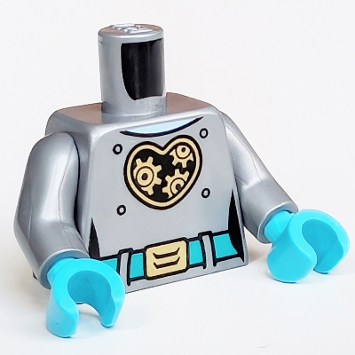 Visuel indicatif Rebrickable de Torse Robot, cœur d'or avec des engrenages, ceinture turquoise foncé, motif imprimé de fermeture éclair or, bras argent mat, mains azur moyen (Torso Robot, Gold Heart with Gears, Dark Turquoise Belt, Gold Zipper Print, Flat Silver Arms, Medium Azure Hands)