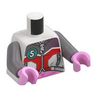 Torse, veste, fermeture à glissière, formes gris/rouge clair, cercle turquoise foncé avec blanc '5', motif imprimé estomac rose vif, bras argent mat, mains rose vif (Torso, Jacket, Zipper, Light Bluish Grey/Red Shapes, Dark Turquoise Circle with White '5', Bright Pink Stomach Print, Flat Silver Arms, Bright Pink Hands)
