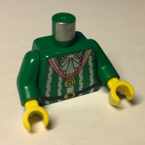 Visuel indicatif Rebrickable de Torse, Pirate Imperial Armada volants, rayures blanches médaille d'or motif imprimé, bras verts, mains jaunes (Torso, Pirate Imperial Armada Ruffles, White Stripes Gold Medal Print, Green Arms, Yellow Hands)