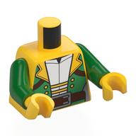 Visuel indicatif Rebrickable de Torse, veste verte, col jaune, boutons, lacets, ceintures marron rougeâtre, boucle argentée, motif imprimé chemise blanche, bras verts, mains jaunes (Torso, Green Jacket, Yellow Collar, Buttons, Laces, Reddish Brown Belts, Silver Buckle, White Shirt Print, Green Arms, Yellow Hands)