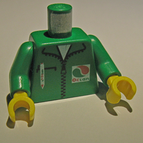 Torse, veste logo Octan avec stylo motif imprimé, bras verts, mains jaunes (Torso, Octan Logo Jacket with Pen Print, Green Arms, Yellow Hands)