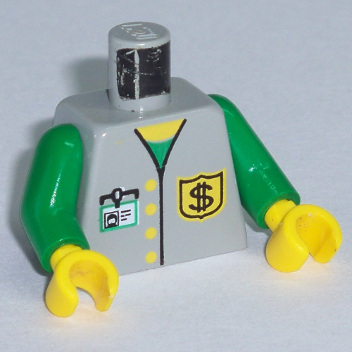 Torse, veste d'employé de banque, badge signe dollar et id motif imprimé, bras verts, mains jaunes (Torso, Bank Employee Jacket, Dollar Sign Badge and ID Print, Green Arms, Yellow Hands)