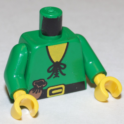 Visuel indicatif Rebrickable de Torse, chemise cravate de forestier et sac à main motif imprimé, bras verts, mains jaunes (Torso, Forestman Tie Shirt and Purse Print, Green Arms, Yellow Hands)