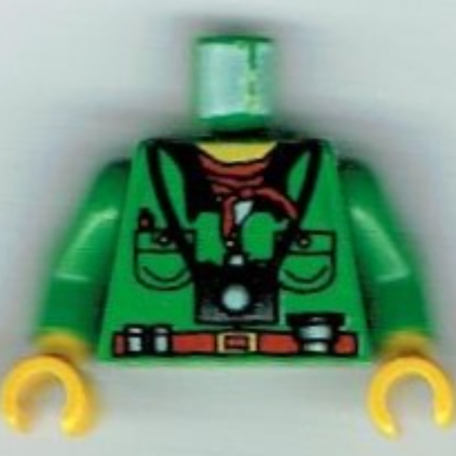 Visuel indicatif Rebrickable de Torse, Veste, bandana rouge et motif imprimé appareil photo, bras verts, mains jaunes (Torso, Jacket, Red Bandana, and Camera Print, Green Arms, Yellow Hands)