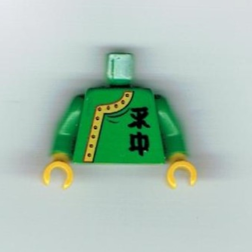 Visuel indicatif Rebrickable de Torse, robe à boutons latéraux avec motif imprimé de lettres chinoises, bras verts, mains jaunes (Torso, Side-Buttoned Robe with Chinese Letters Print, Green Arms, Yellow Hands)