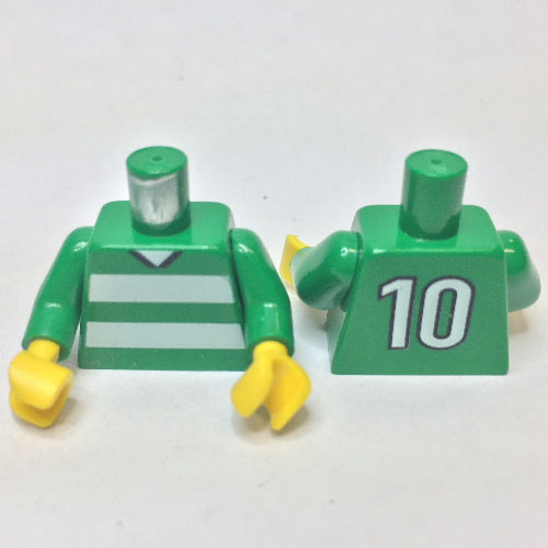 Torse, football rayures blanches horizontales et '10' dos motif imprimé, bras verts, mains jaunes (Torso, Soccer Horizontal White Stripes and '10' Back Print, Green Arms, Yellow Hands)