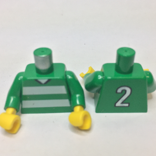 Visuel indicatif Rebrickable de Torse, rayures blanches horizontales de football et motif imprimé '2' au dos, bras verts, mains jaunes (Torso, Soccer Horizontal White Stripes and '2' Back Print, Green Arms, Yellow Hands)