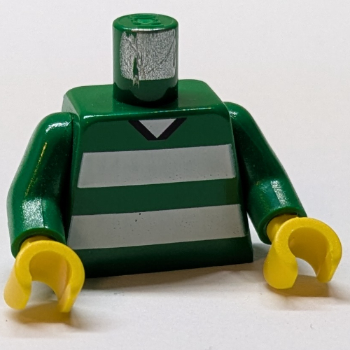 Torse, football rayures blanches horizontales et '3' dos motif imprimé, bras verts, mains jaunes (Torso, Soccer Horizontal White Stripes and '3' Back Print, Green Arms, Yellow Hands)