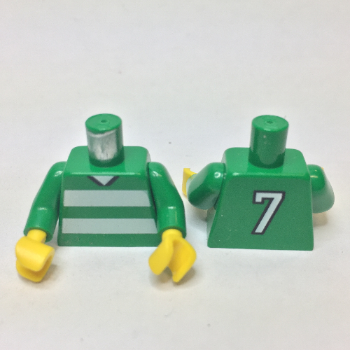 Torse, Football Horizontal rayures blanches et '7' dos motif imprimé, bras verts, mains jaunes (Torso, Soccer Horizontal White Stripes and '7' Back Print, Green Arms, Yellow Hands)