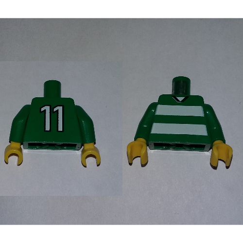 Torse, Football Horizontal rayures blanches et '11' dos motif imprimé, bras verts, mains jaunes (Torso, Soccer Horizontal White Stripes and '11' Back Print, Green Arms, Yellow Hands)