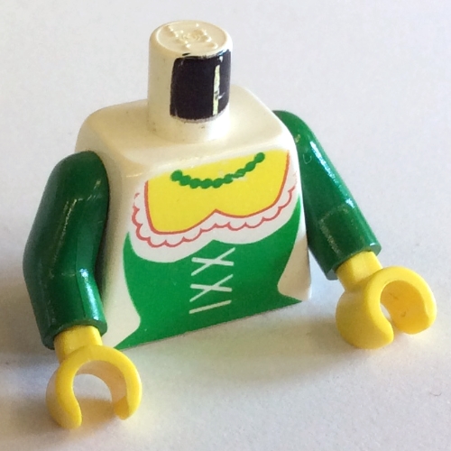Visuel indicatif Rebrickable de Torse, corset vert homme des bois et collier motif imprimé (version réédition), bras verts, mains jaunes (Torso, Forestman Green Corset and Necklace Print (Reissue Version), Green Arms, Yellow Hands)