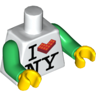 Visuel indicatif Rebrickable de Torse, I 'L Brick' NY imprimé, bras verts, mains jaunes (Torso, I 'L Brick' NY Print, Green Arms, Yellow Hands)