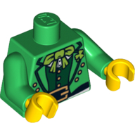 Torse, veste de costume avec gilet vert foncé, cravate vert citron et boucle de ceinture dorée motif imprimé, bras verts, mains jaunes (Torso, Suit Jacket with Dark Green Vest, Lime Bow Tie and Gold Belt Buckle Print, Green Arms, Yellow Hands)