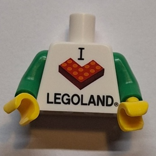 Torse, I 'L Brick' motif imprimé LEGOLAND, bras verts, mains jaunes (Torso, I 'L Brick' LEGOLAND Print, Green Arms, Yellow Hands)