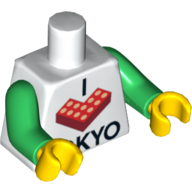 Visuel indicatif Rebrickable de Torse, I 'L Brick' motif imprimé TOKYO, bras verts, mains jaunes (Torso, I 'L Brick' TOKYO Print, Green Arms, Yellow Hands)