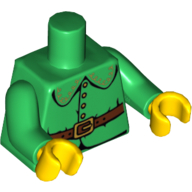 Visuel indicatif Rebrickable de Torse, col rond, 4 boutons dorés et ceinture marron avec boucle dorée motif imprimé, bras verts, mains jaunes (Torso, Rounded Collar, 4 Gold Buttons and Brown Belt with Gold Buckle Print, Green Arms, Yellow Hands)