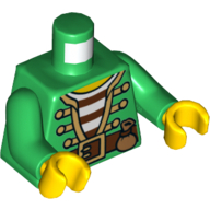 Visuel indicatif Rebrickable de Torse, veste ouverte pirate or garniture sur chemise rayée, ceinture avec pochette motif imprimé, bras verts, mains jaunes (Torso, Open Pirate Jacket Gold Trim over Striped Shirt, Belt with Pouch Print, Green Arms, Yellow Hands)