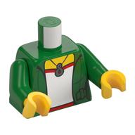 Torse, Veste ouverte sur le dessus rouge et vert clair avec collier imprimé, bras verts, mains jaunes (Torso, Jacket Open over Red and Light Green Top with Necklace Print, Green Arms, Yellow Hands)