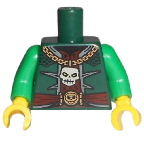 Visuel indicatif Rebrickable de Torse, veste, chemise rouge foncé, chaîne d'or avec crâne, ceinture avec motif imprimé boucle, bras verts, mains jaunes (Torso, Jacket, Dark Red Shirt, Gold Chain with Skull, Belt with Buckle Print, Green Arms, Yellow Hands)