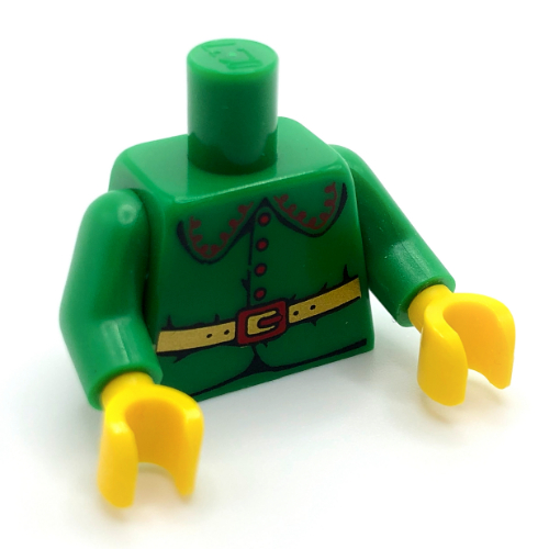 Torse, veste avec grand col rond, 4 boutons rouges et ceinture d'or avec boucle rouge motif imprimé (Elf), bras verts, mains jaunes (Torso, Jacket with Large Rounded Collar, 4 Red Buttons and Gold Belt with Red Buckle Print (Elf), Green Arms, Yellow Hands)