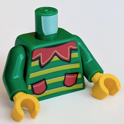 Visuel indicatif Rebrickable de Torse, veste à rayures vert citron, col rouge et motif imprimé poches (Elf), bras verts, mains jaunes (Torso, Jacket with Lime Stripes, Red Collar and Pockets Print (Elf), Green Arms, Yellow Hands)