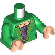 Visuel indicatif Rebrickable de Torse, robe, or décorations, garniture, motif imprimé sous robe violet foncé, bras verts, mains nougat clair (Torso, Dress, Gold Decorations, Trim, Dark Purple Underdress Print, Green Arms, Light Nougat Hands)