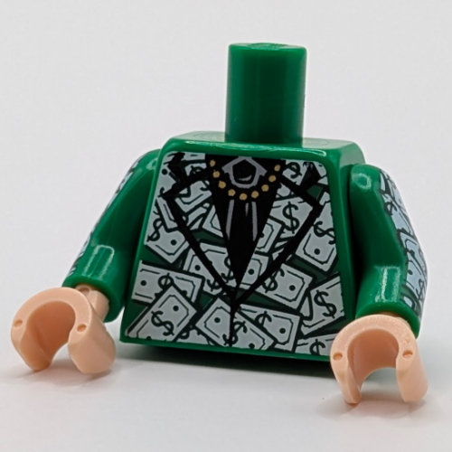 Visuel indicatif Rebrickable de Veste de costume torse avec chemise noire et cravate, chaîne d'or et billet d'un dollar motif imprimé, bras verts avec billet d'un dollar motif imprimé, mains nougat clair (Torso Suit Jacket with Black Shirt and Tie, Gold Chain and Dollar Bills Print, Green Arms with Dollar Bills Print, Light Nougat Hands)