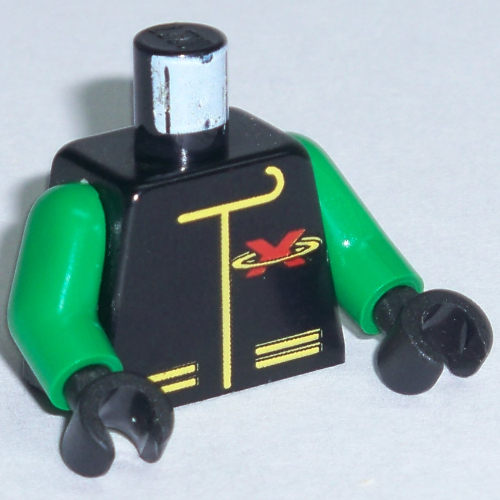 Veste torse extrême équipe avec rouge x logo à l'arrière motif imprimé, bras verts, mains noires (Torso Extreme Team Jacket with Red X Logo on Back Print, Green Arms, Black Hands)
