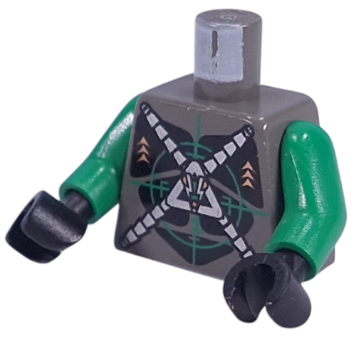 Torse Insectoïdes Argent X sur Vert Verniers motif imprimé, bras verts, mains noires (Torso Insectoids Silver X on Green Verniers Print, Green Arms, Black Hands)