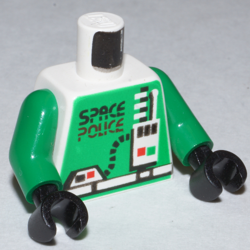 Visuel indicatif Rebrickable de Torse Police spatiale avec motif imprimé Radio, bras verts, mains noires (Torso Space Police with Radio Print, Green Arms, Black Hands)