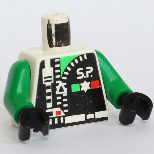 Police spatiale torse avec fermeture à glissière, 'S.P.' et motif imprimé étoile, bras verts, mains noires (Torso Space Police with Zipper, 'S.P.' and Star Print, Green Arms, Black Hands)