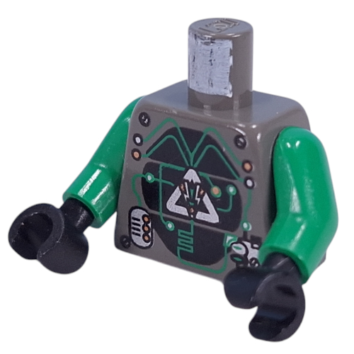 Visuel indicatif Rebrickable de Torse Insectoïdes Logo argenté sur panneaux noirs, 2 panneaux argentés motif imprimé, bras verts, mains noires (Torso Insectoids Silver Logo on Black Panels, 2 Silver Panels Print, Green Arms, Black Hands)